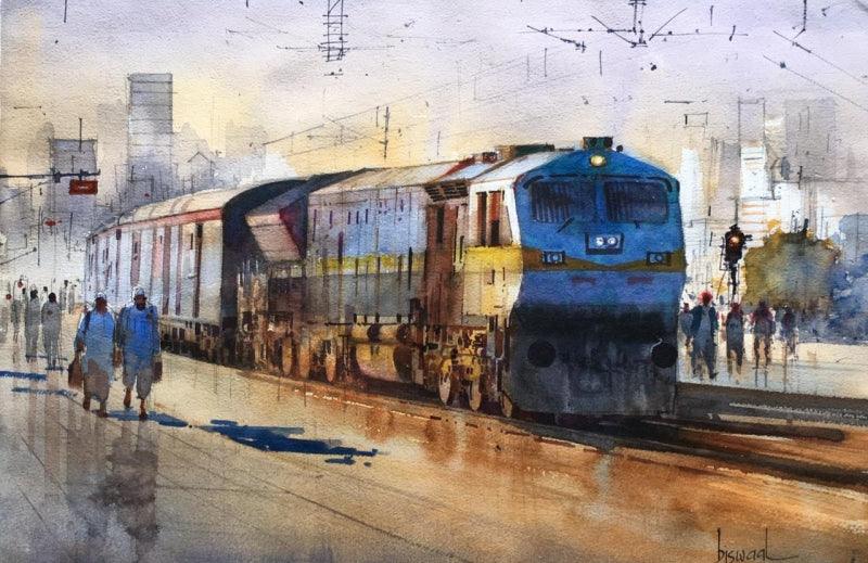 Cityscape watercolor painting titled 'Platform 25', 14x21 inches, by artist Bijay Biswaal on Paper