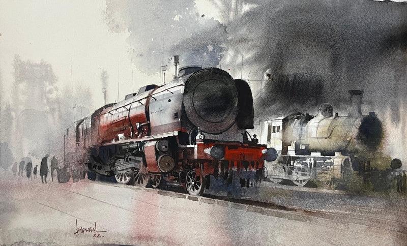 Cityscape watercolor painting titled 'Platform 51', 14x20 inches, by artist Bijay Biswal on Paper