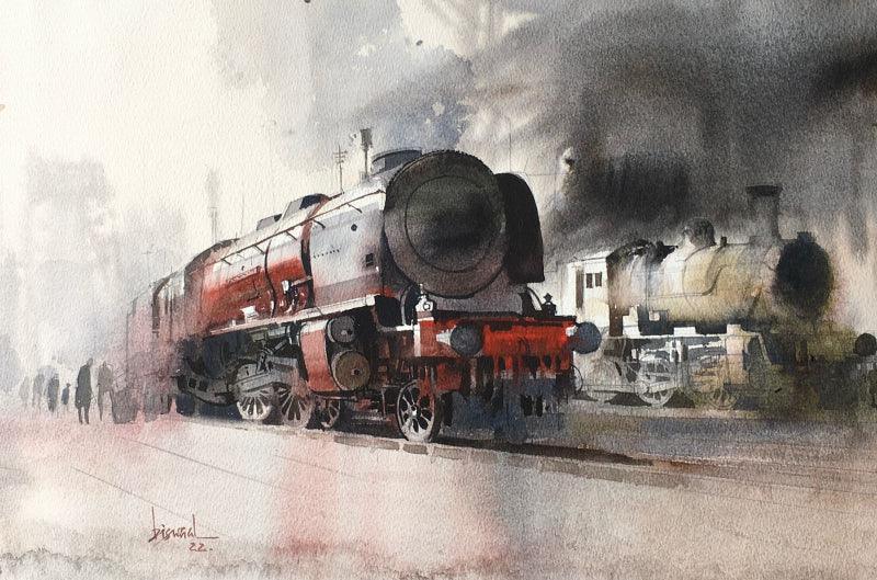 Cityscape watercolor painting titled 'Platform 51', 14x20 inches, by artist Bijay Biswaal on Paper