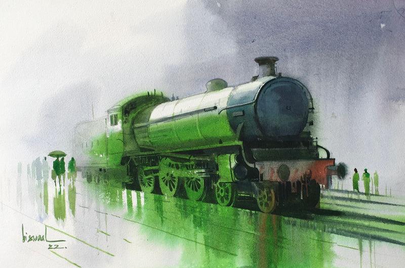 Cityscape watercolor painting titled 'Platform 53', 14x20 inches, by artist Bijay Biswaal on Paper