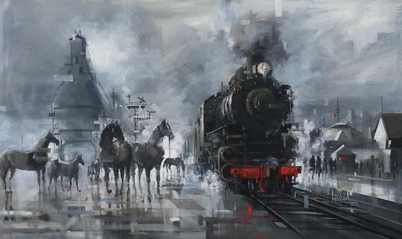 Cityscape acrylic painting titled 'Platform 55', 30x50 inches, by artist Bijay Biswaal on Canvas