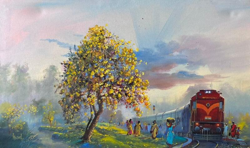 Cityscape acrylic painting titled 'Platform 56', 30x50 inches, by artist Bijay Biswaal on Canvas