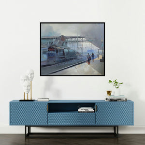 Bijay Biswaal's 'Platform' painting visualized above a sofa in a contemporary room.