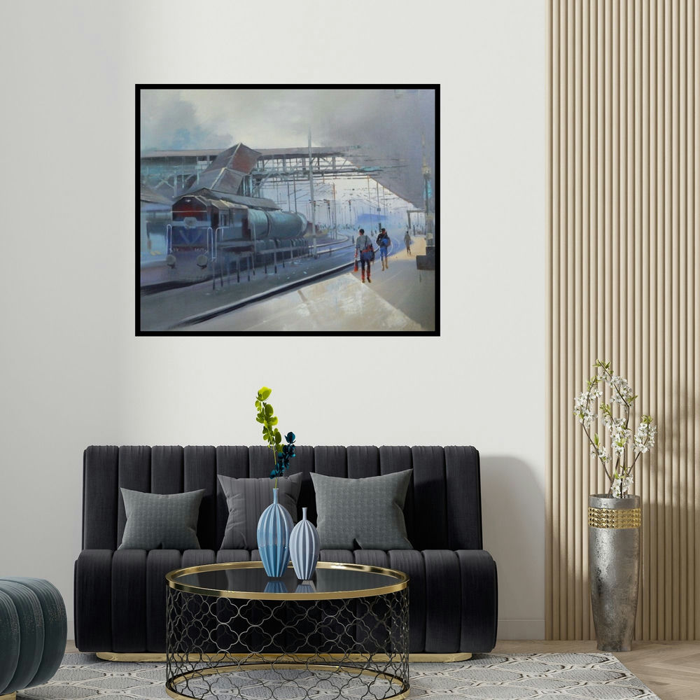 'Platform' painting by Bijay Biswaal shown on a wall in a furnished room.