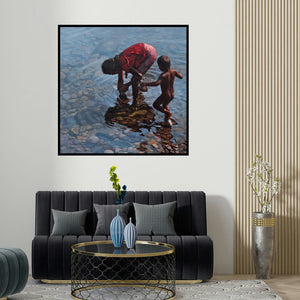 Manoj Deshmukh's 'Play Ground' painting visualized above a sofa in a contemporary room.