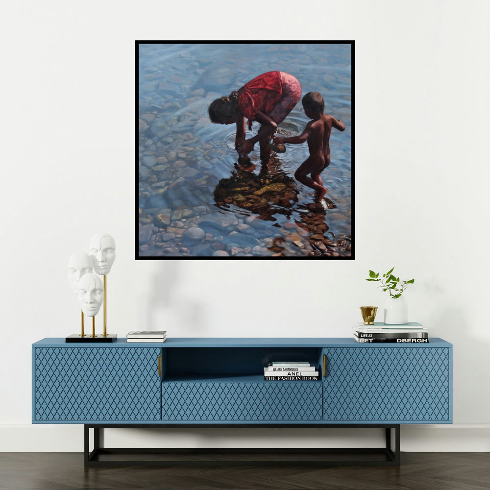 'Play Ground' painting by Manoj Deshmukh shown on a wall in a furnished room.