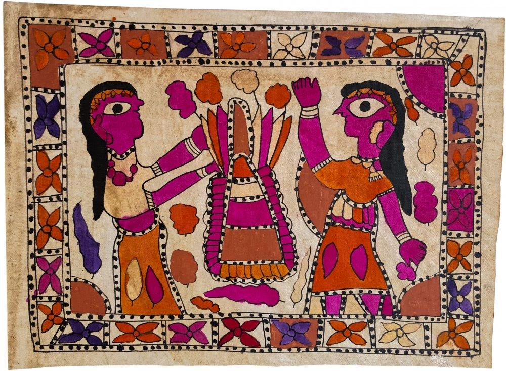 Folk Art madhubani traditional art titled 'Play In The Summer Madhubani Art', 15x11 inches, by artist Yamuna Devi on Handmade Paper