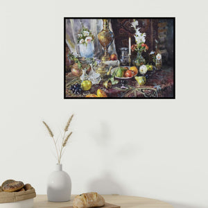 In-situ view of Shadab Kazi's 'Play Of Light (Still Life with Flowers and Fruit)' painting in a room