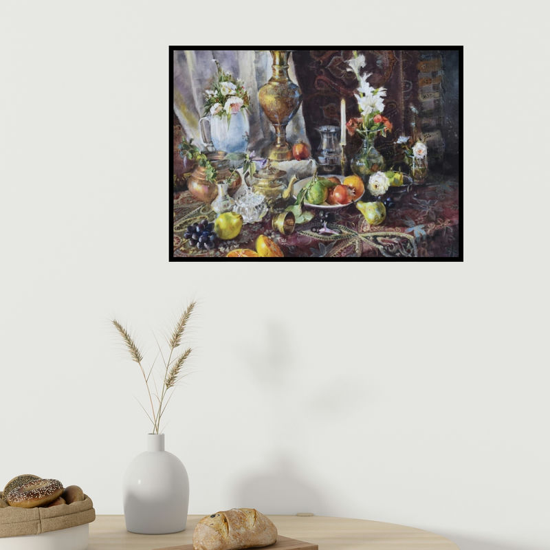 In-situ view of Shadab Kazi's 'Play Of Light (Still Life with Flowers and Fruit)' painting in a room