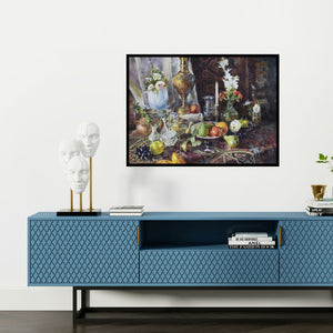 Preview of 'Play Of Light (Still Life with Flowers and Fruit)' Painting by Shadab Kazi shown on a wall in a furnished room.