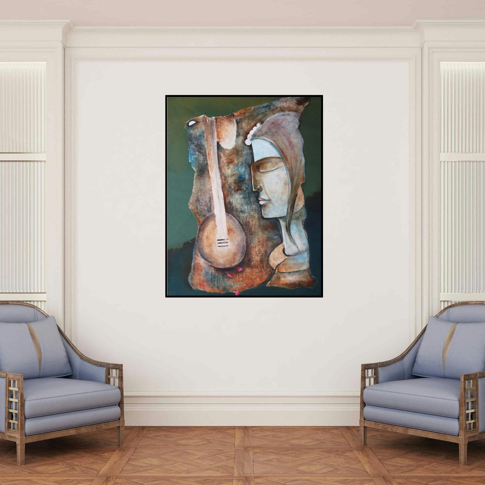 'Play Veena' painting by Manoj Muneshwar shown on a wall in a furnished room.
