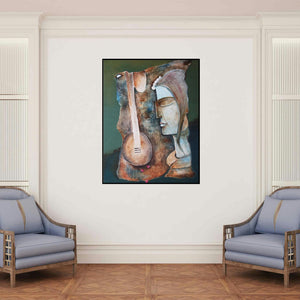 'Play Veena' painting by Manoj Muneshwar shown on a wall in a furnished room.