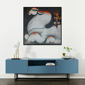 'Playing Flute 1 (Sacred Bond)' painting by Ramesh Gujar shown on a wall in a furnished room.