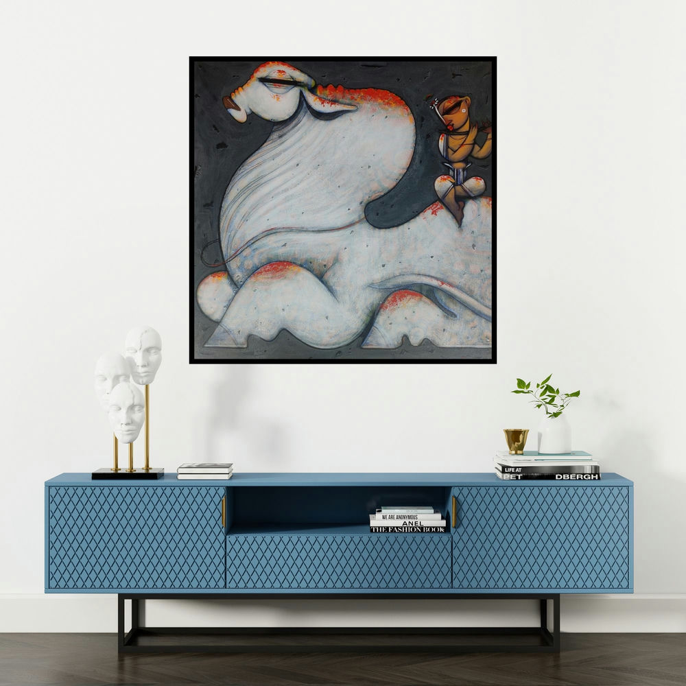 'Playing Flute 1 (Sacred Bond)' painting by Ramesh Gujar shown on a wall in a furnished room.