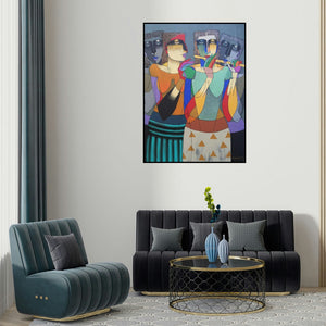 Dayanand Kamakar's 'Playing Flute 3 (A Symphony of Souls)' painting visualized above a sofa in a contemporary room.
