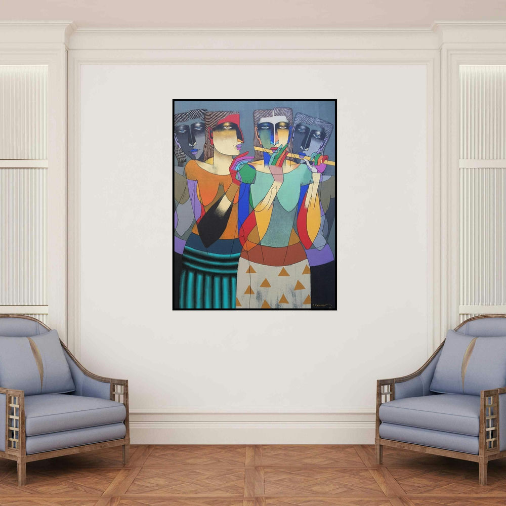 'Playing Flute 3 (A Symphony of Souls)' painting by Dayanand Kamakar shown on a wall in a furnished room.