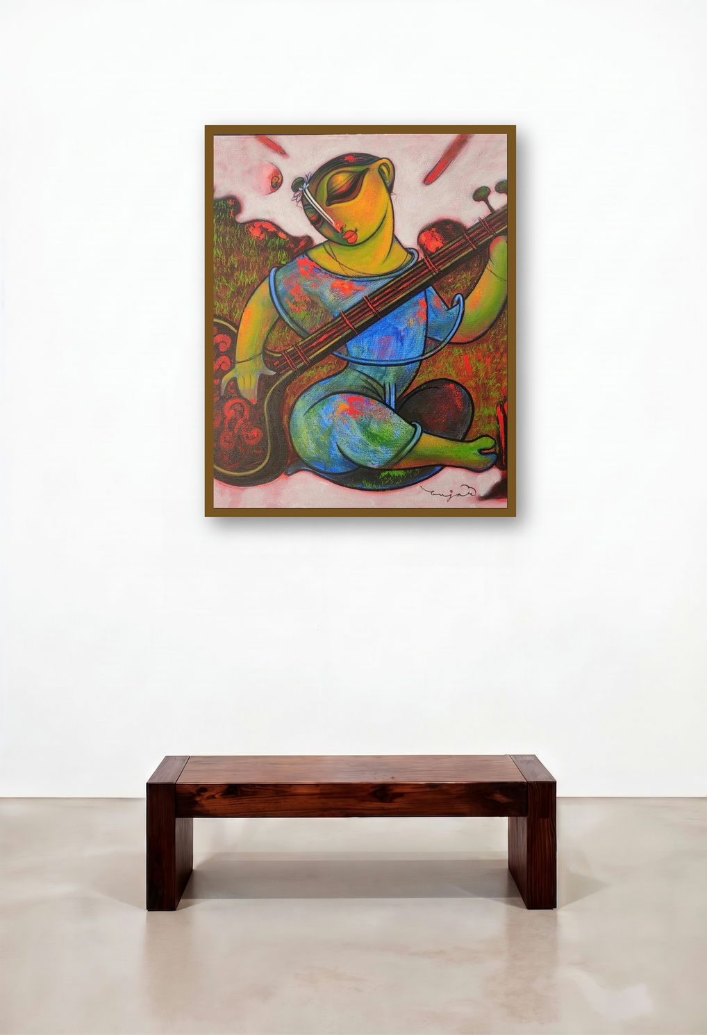 Playing Flute 4 (Floral Reverie) by artist Ramesh Gujar displayed in a Industrial Living Room