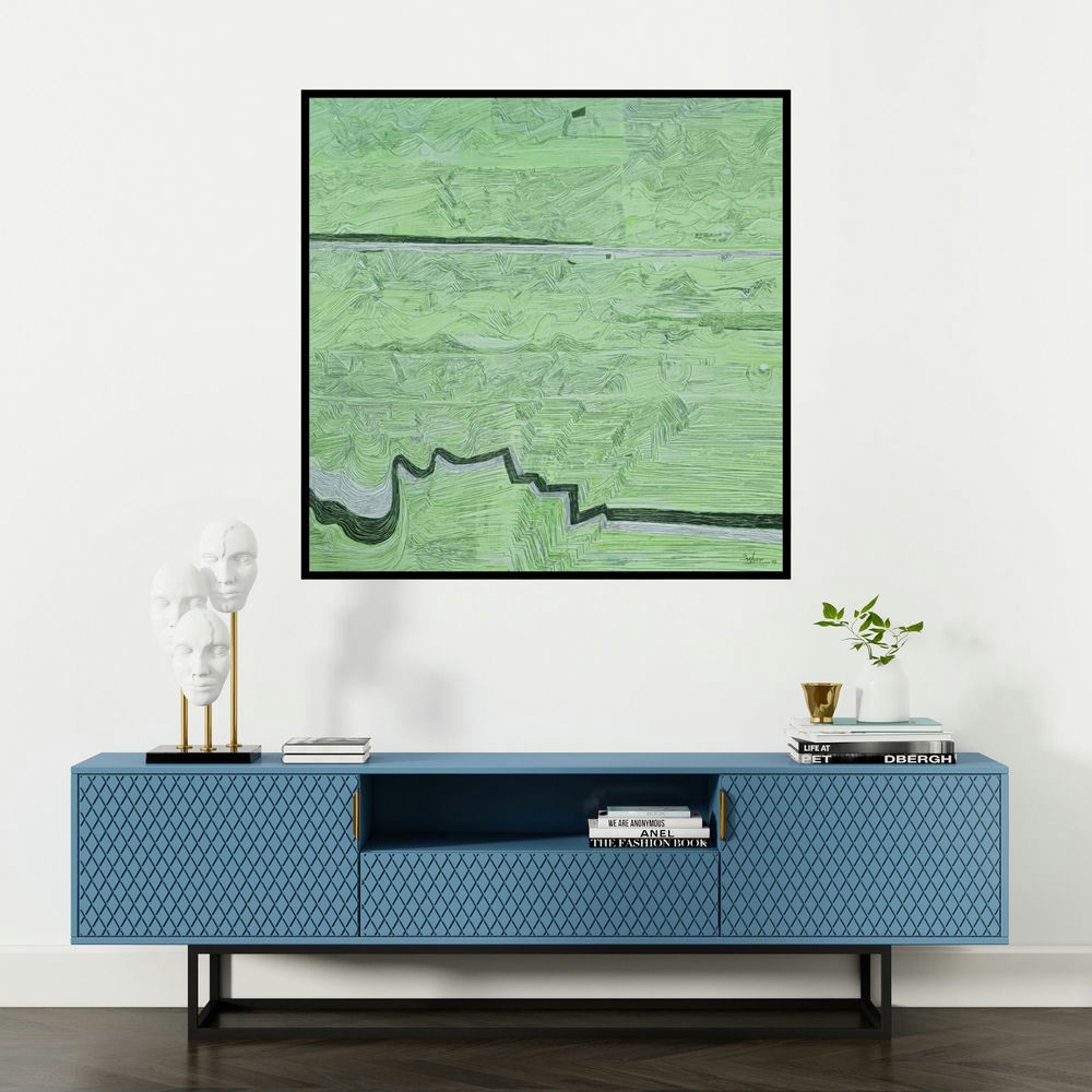 'Playing Line 34 (Untitled)' painting by Suhani Jain shown on a wall in a furnished room.