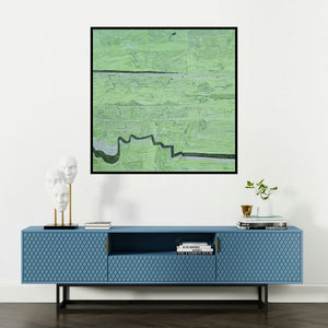 'Playing Line 34 (Untitled)' painting by Suhani Jain shown on a wall in a furnished room.