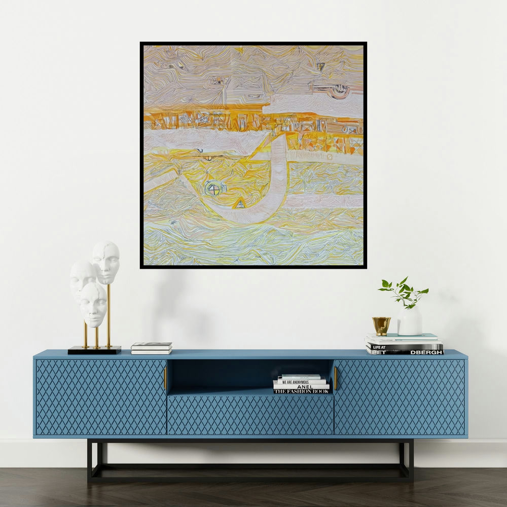 'Playing Line 36 (Untitled)' painting by Suhani Jain shown on a wall in a furnished room.