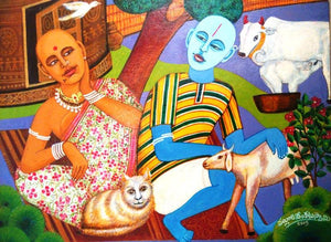 Pleasant Mood (Village Harmony) by V V Swamy, Original Acrylic Figurative Painting on Canvas, Small Horizontal Wall Art