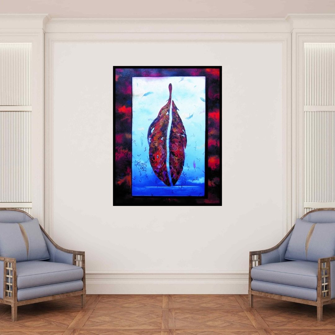 In-situ view of Raosaheb Gagre's 'Plumage Evolution 1' painting in a room