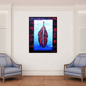 In-situ view of Raosaheb Gagre's 'Plumage Evolution 1' painting in a room