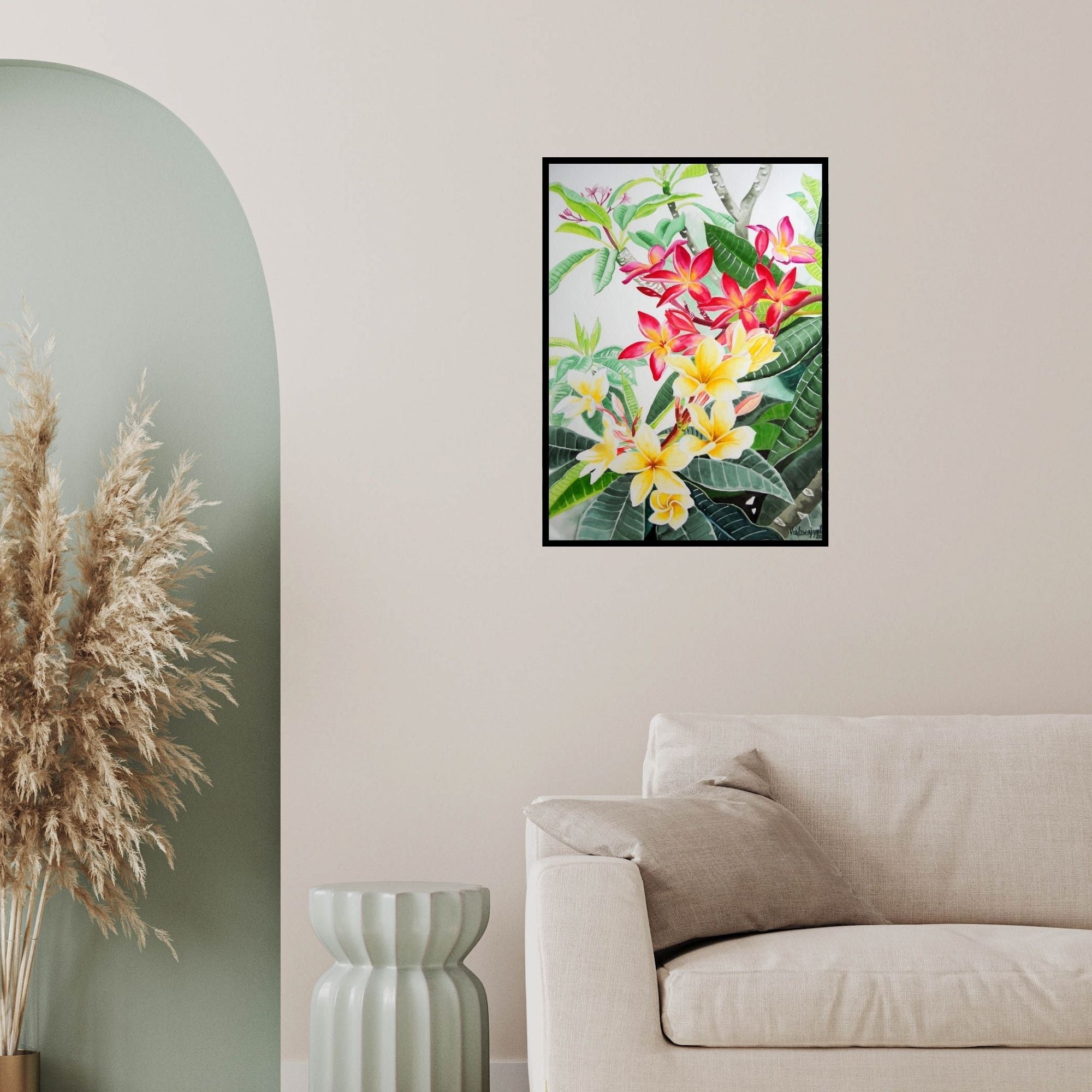 In-situ view of Vishwajyoti Mohrhoff's 'Plumerias (Tropical Delight: Plumeria in Bloom)' painting in a room