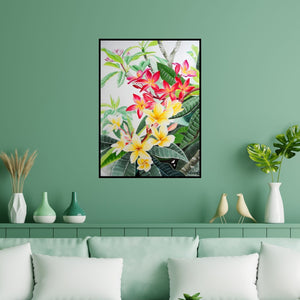 Preview of 'Plumerias (Tropical Delight: Plumeria in Bloom)' Painting by Vishwajyoti Mohrhoff shown on a wall in a furnished room.