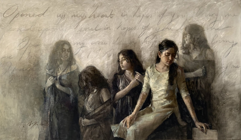 Poetic Justice' figurative oil painting by artist Nilisha Phad, 42x72 inch, on canvas