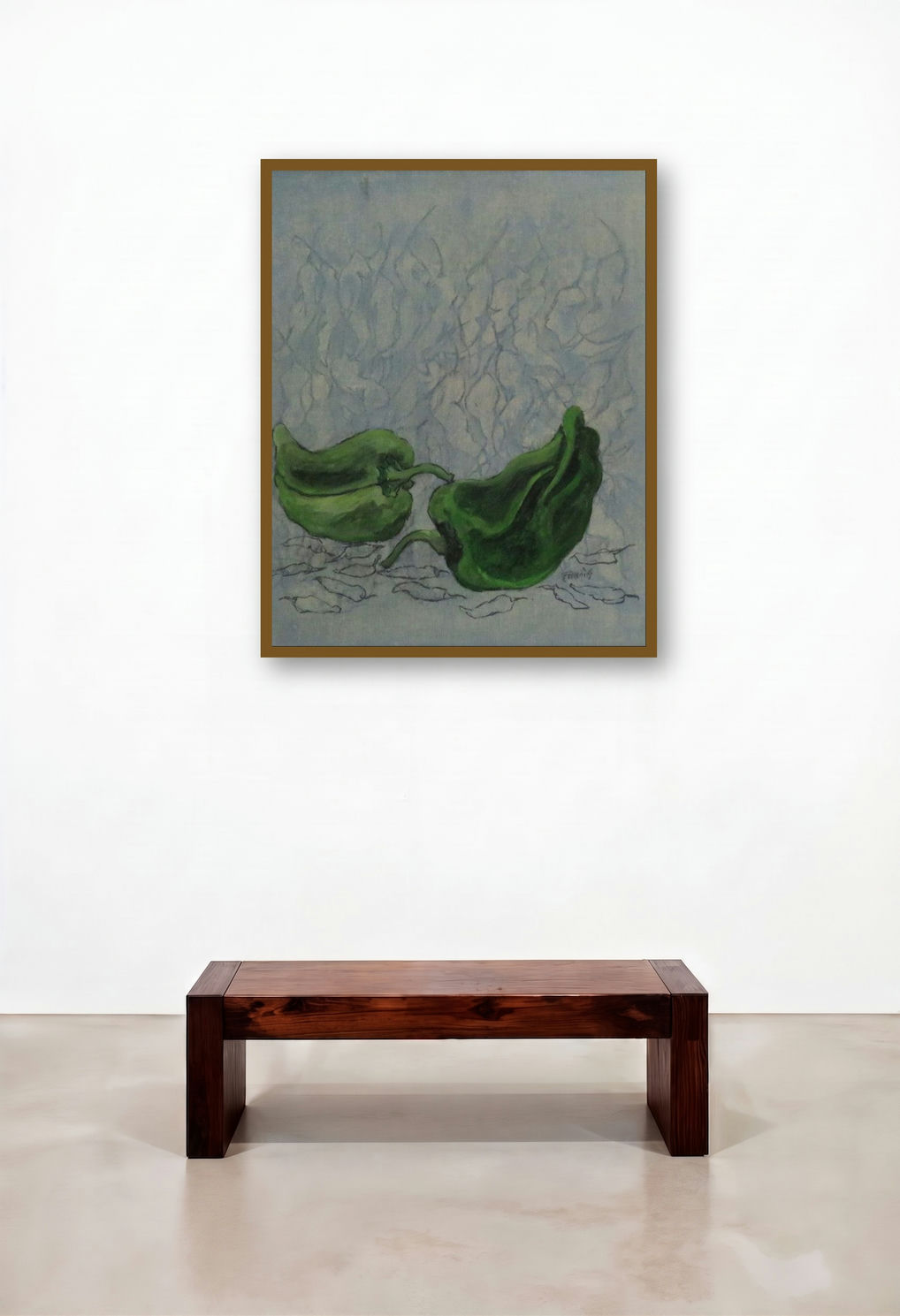 Poetry Of Chilli 3 (Green Chilli Still Life 1) by artist Mahendra Parmar displayed in a Boutique Hotel Style Executive Office