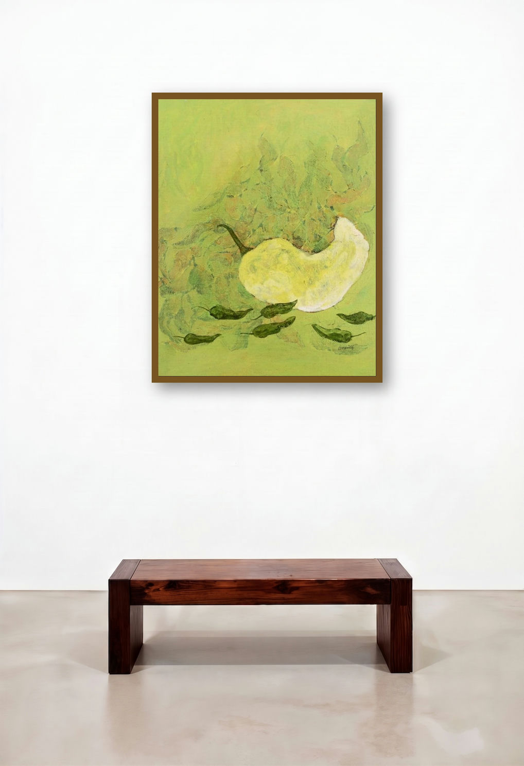 Poetry Of Chilli 9 (White Chilli Still Life 1) by artist Mahendra Parmar displayed in a Modern Lounge