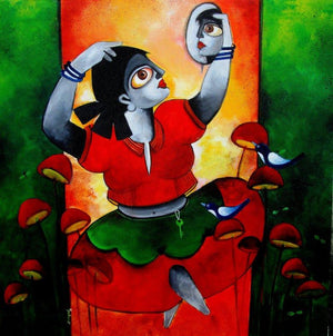 Poised (Reflections) by Sharmi Dey, Original Acrylic Figurative Painting on Canvas, Medium Square Wall Art