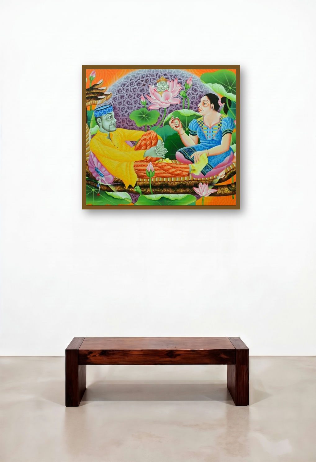 Politicians (Couple on Naga Serpent) by artist Ramu Das displayed in a Urban Loft Dining Room