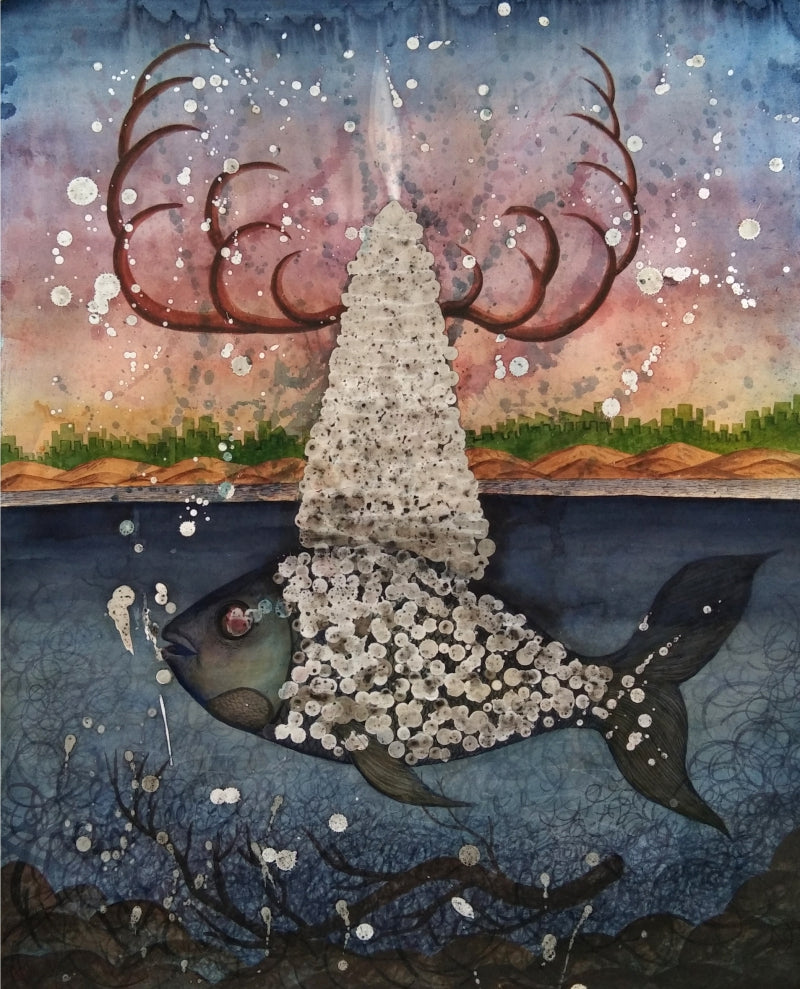 contemporary mixed-media painting titled 'Pollution Nature', 28x22 inch, by artist Abhilasha Singh on Paper