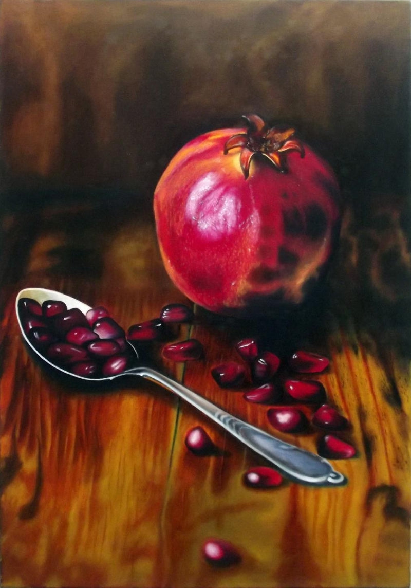 Pomegranate And Spoon' still-life oil painting by artist Bhavesh Joshi, 36x24 inch, on canvas
