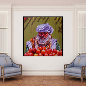 In-situ view of Abid Shaikh's 'Pomegranate Vendor' painting in a room