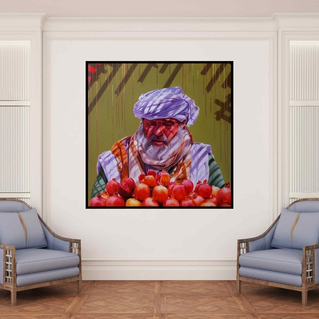 In-situ view of Abid Shaikh's 'Pomegranate Vendor' painting in a room