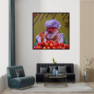 Preview of 'Pomegranate Vendor' Painting by Abid Shaikh shown on a wall in a furnished room.