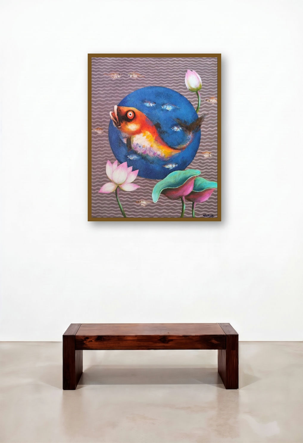Pond 2 (The Koi's Journey) by artist Nur Ali displayed in a Mid-Century Modern Hallway