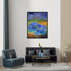 Preview of 'The Pond 2 (Nature's Mood Swings)' Painting by Surya Prakash shown on a wall in a furnished room.