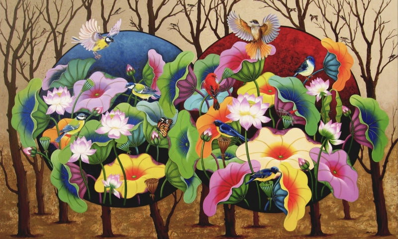 Pond 6' nature acrylic painting by artist Nur Ali, 36x60 inch, on canvas