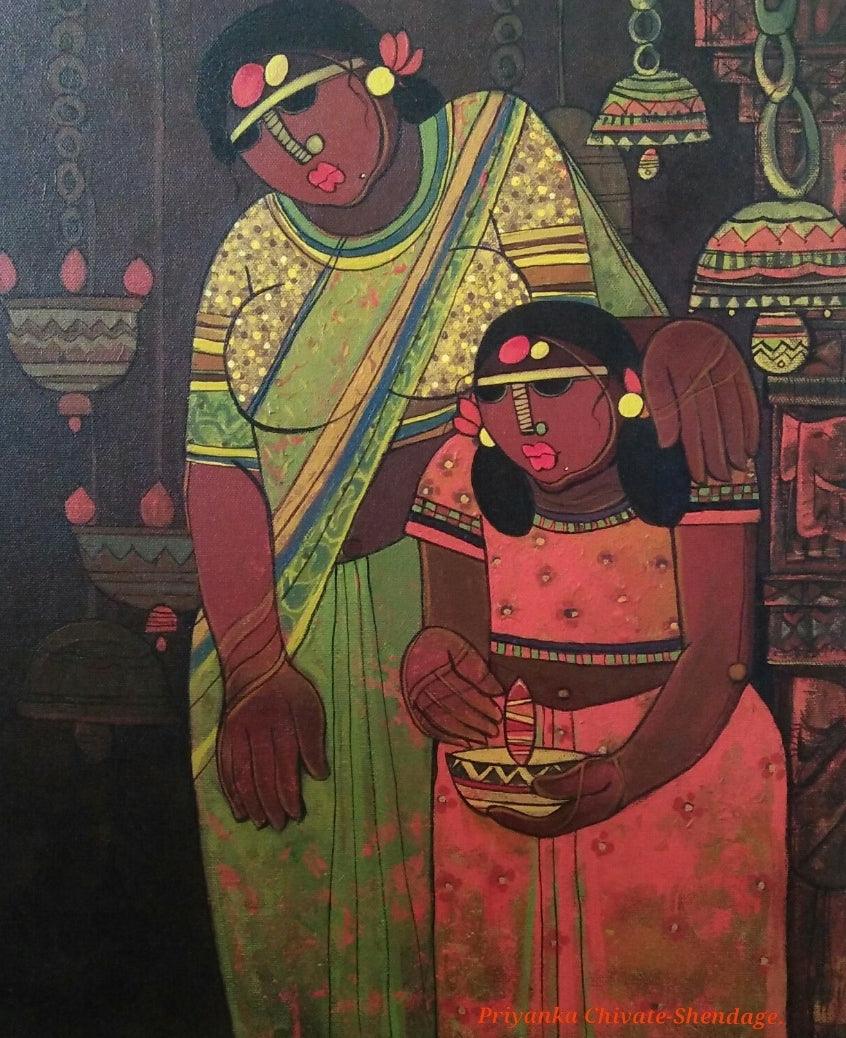 Figurative acrylic painting titled 'Pooja 2', 24x18 inches, by artist Priyanka Chivte on Canvas