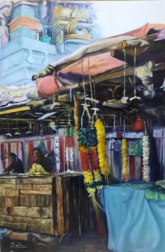 Cityscape oil painting titled 'Pookadai', 36x24 inch, by artist Subhashree Sridhar on Canvas