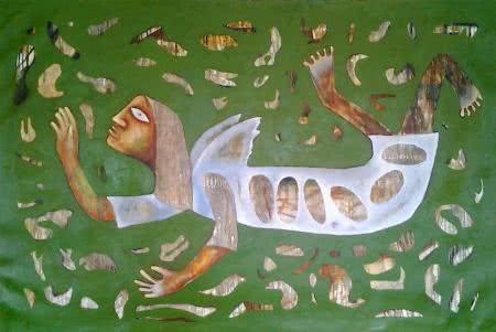 Figurative oil painting titled 'Poor Angel', 66x42 inches, by artist Ranjith Raghupathy on Canvas