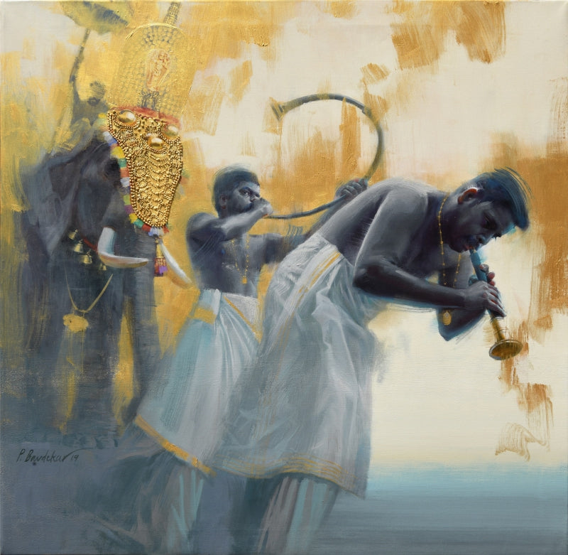 Pooram Procession' religious acrylic painting by artist Pankaj Bawdekar, 36x36 inch, on canvas