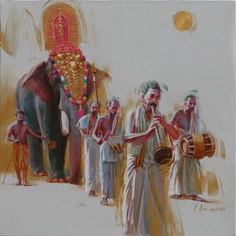 Pooram Procession 3' religious acrylic painting by artist Pankaj Bawdekar, 24x24 inch, on canvas