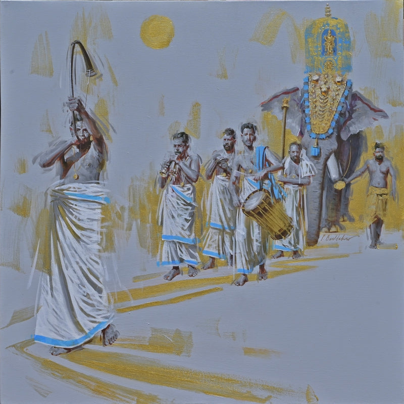 Pooram Procession 4' religious acrylic painting by artist Pankaj Bawdekar, 30x30 inch, on canvas