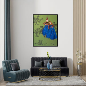 Preview of 'Poppet Play 2 (String of Harmony)' Painting by Manjunath Wali shown on a wall in a furnished room.