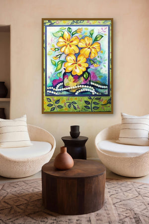 Poppies In A Vase (Golden Blooms) by artist Manju Lamba displayed in a Luxury gallery